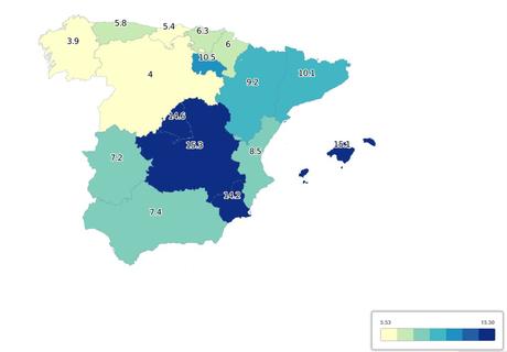 Variación en % de los ciudadanos que declaran que el gaste en vivienda es muy alto entre 2004 y 2012, fuente Encuesta de Condiciones de Vida (INE)