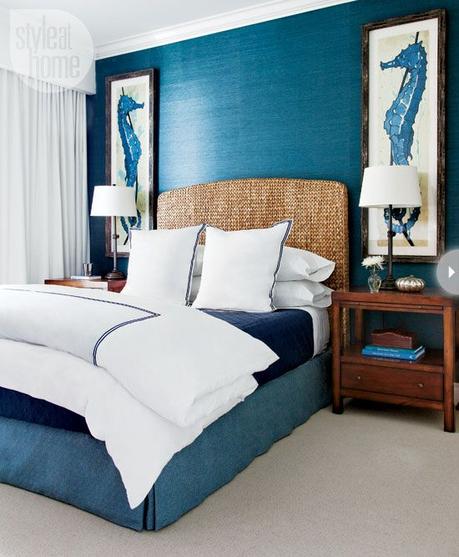 Master bedroom. Guest bedroom. Blue and grass cloth. Oversized artwork over side tables. Coastal inspired bedroom.