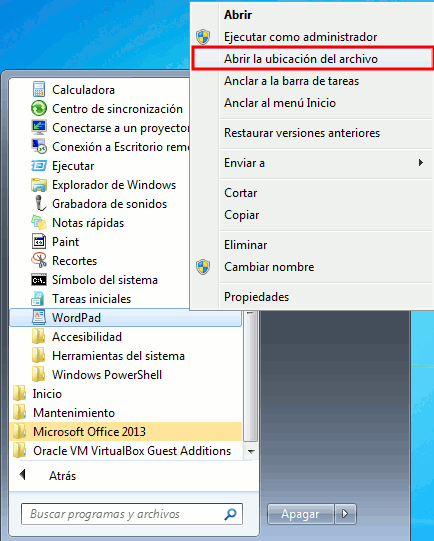 Abrir ubicación de archivo Windows 7