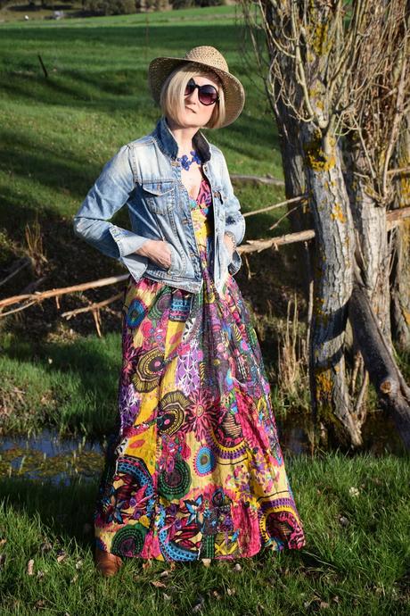 spring long printed dress denim jacket seventies street style