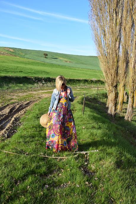 spring long printed dress denim jacket seventies street style