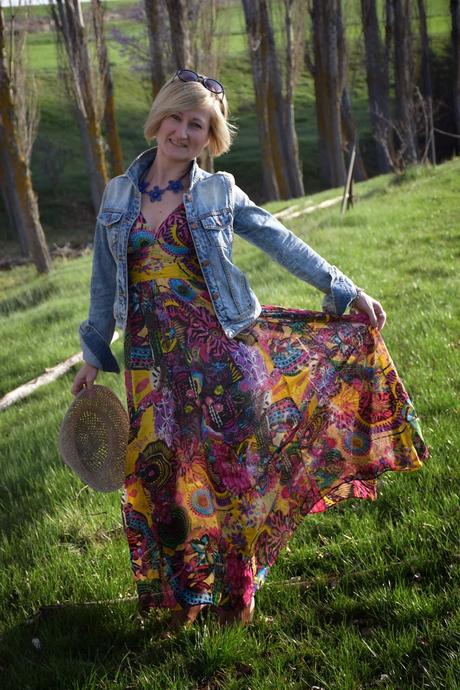 spring long printed dress denim jacket seventies street style