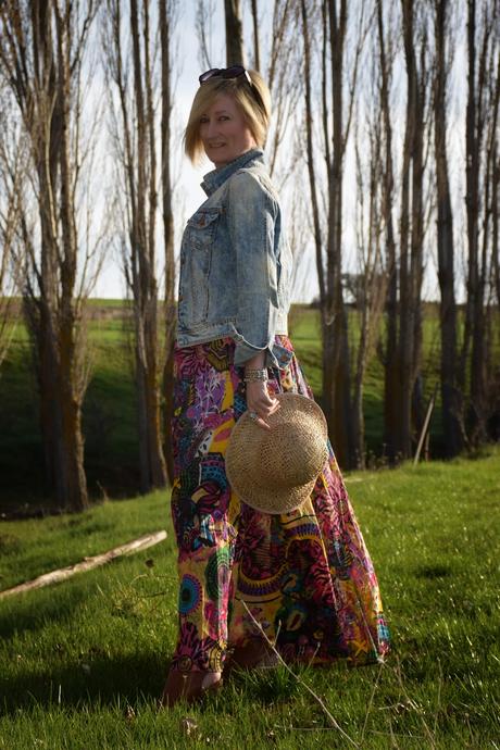 spring long printed dress denim jacket seventies street style