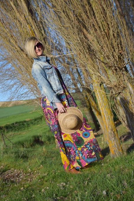 spring long printed dress denim jacket seventies street style