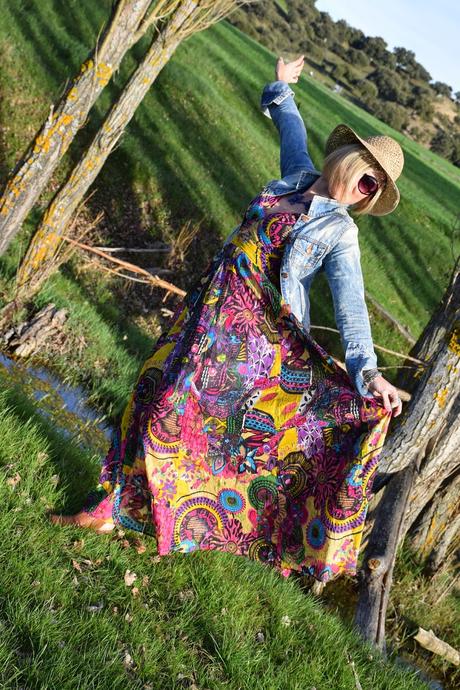 spring long printed dress denim jacket seventies street style