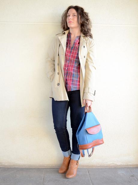 look, outfit, moda, fashion, streetstyle, camisa cuadros, leñador, mochila, piel, azul petroleo, mi vestido azul, fashion blogger, blog de moda, castellón, españa, valencia, lourdes,