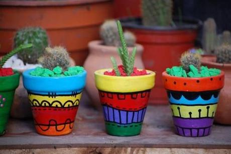 Macetas Pintadas A Mano  Con Cactus