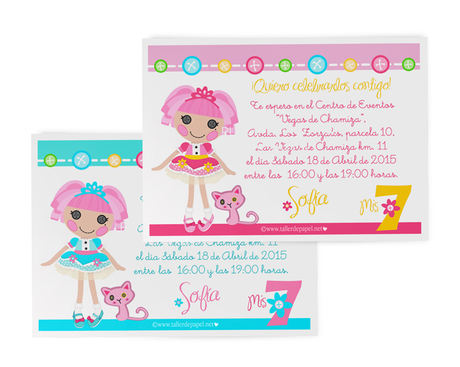 Celebrando con Creatividad! Cumpleaños de Llaloopsie. Al estilo de Taller de Papel. Invitaciones de Cumpleaños Lalaloopsie en rosa y celeste.