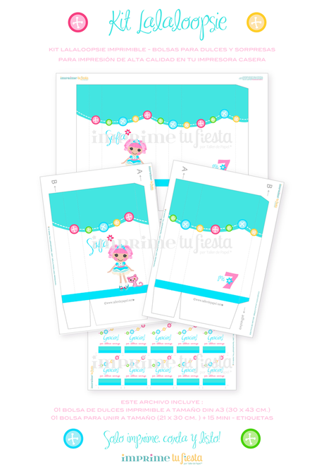 Kit Lalaloopsie imprimible - bolsas para dulces y sorpresas. para impresión de alta calidad en tu impresora casera. Encuéntralo en mi tienda ETSY Imprime tu Fiesta.
