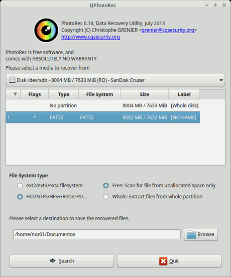 Recuperar archivos borrados en Ubuntu con Photorec qPhotorec-Unidad