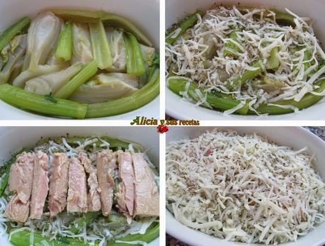 GRATINADO DE HINOJOS Y APIO CON CANUTILLOS DE ATÚN