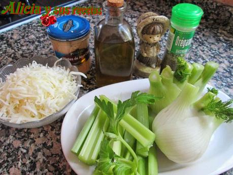 GRATINADO DE HINOJOS Y APIO CON CANUTILLOS DE ATÚN
