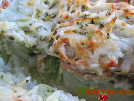 GRATINADO DE HINOJOS Y APIO CON CANUTILLOS DE ATÚN