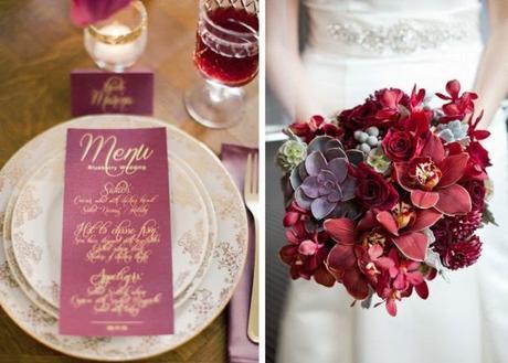 Minuta y ramo de novia marsala Menú con letras doradas y ramo de novia color vino