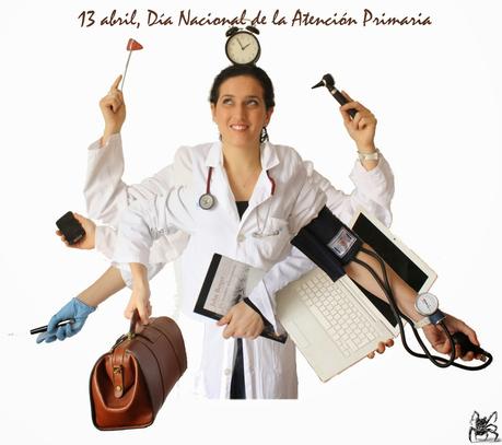 Una mujer en bata blanca con muchos brazos llevando en cada mano instrumental médico