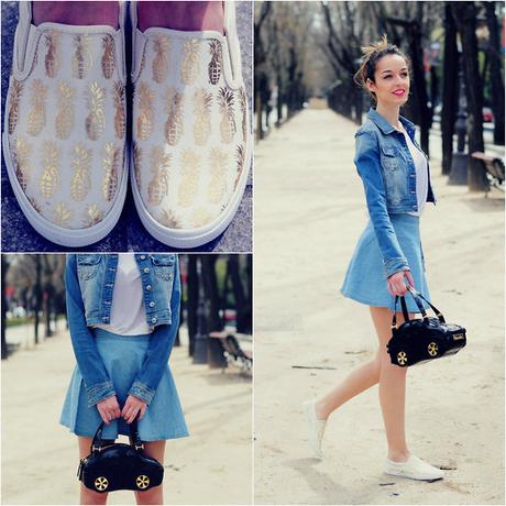 Corazon De Maniqui - Style Moi Denim Skirt, Pineapple Flats, Braccialini Car Bag - Denim & pineapples