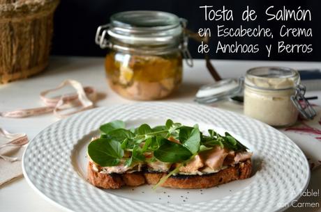 Tosta de Salmón en Escabeche, Crema de Anchoas y Berros