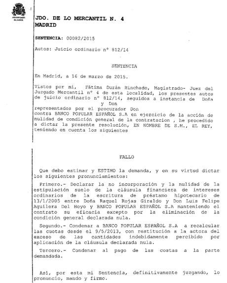 Nueva sentencia conseguida en Madrid anulando otra cláusula suelo de Banco Popular consiguiendo la devolución de cantidades desde mayo de 2013