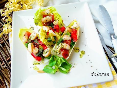 Crudités con láminas de gambas y aceite de coriandro  -  PKU