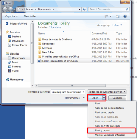Reparar archivos de Word