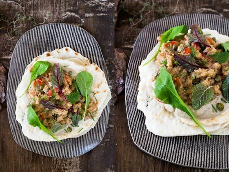 PAN CHATO CON PURÉ DE BERENJENAS Y TABULE DE AMARANTO