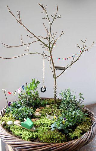 Instead of a terrarium, turn a basket into a delightful little fairy garden.