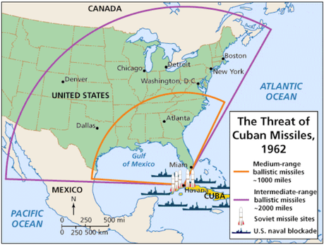 Alcance de los misiles desplegados por la URSS en Cuba. Imagen de Holt, Rinehart and Winston.