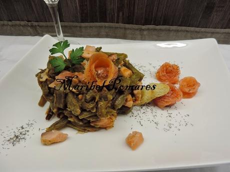 Judías verdes con salmón ahumado.
