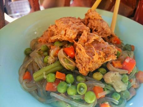 Fideos da batata con taquitos asados vegetales Vegesan