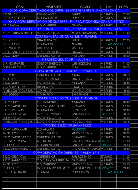 Horarios del fútbol ourensano incluyendo sala base, del 1 al 6 de Mayo