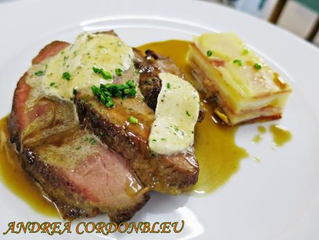 PRESA CON MANTEQUILLA COLBERT Y GRATEN DE PATATAS.