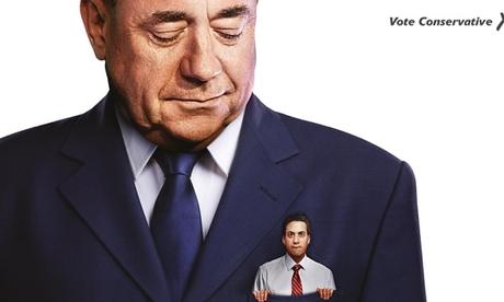 Conservative Party poster featuring Ed Miliband in the top pocket of Alex Salmond.