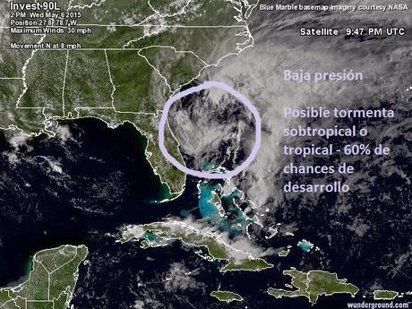 Baja presión al este de Florida(EE.UU) podría evolucionar a una tormenta subtropical o tropical