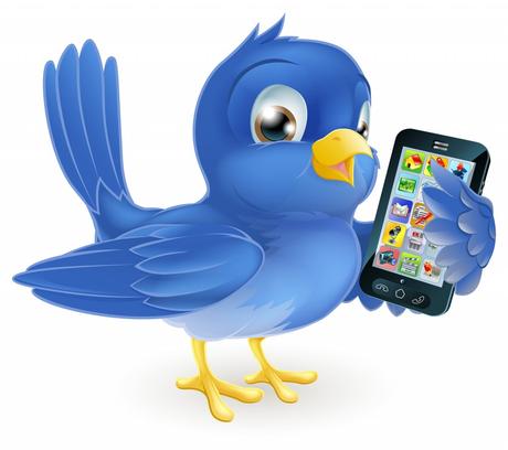 Illustration of a cute happy bluebird holding a mobile cell phone