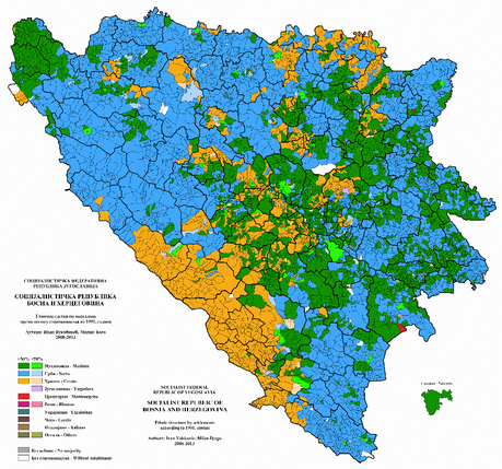 Distribución nacional en BiH concorde los datos del Censo de 1991. El verde representa a la población bosniaca. El azul a la población serbia. Y el amarillo a la población croata.