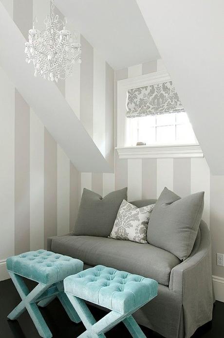Love the combination of grey, white and turquoise along with subtle patterns and chandelier.