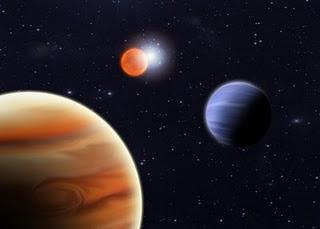 Concepto artístico que muestra los dos nuevos planetas descubiertos orbitando alrededor de la estrella binaria NN Serpentis