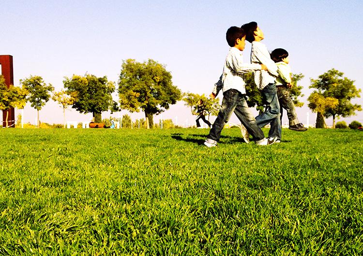 Tres niños van caminando en la misma dirección sobre el cesped