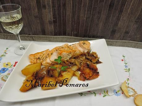 Asado de salmón, patatas, cebolla y tomate en olla programable.