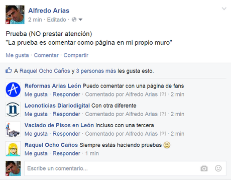 Comentar como página en tu muro de facebook