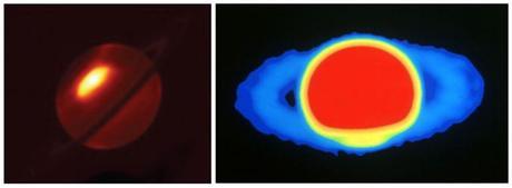 Saturno visto en distintas longitudes de onda: a la derecha, imagen infrarroja donde se puede ver una tormenta. A la izquierda, imagen en radio. Créditos:  Leigh N. Fletcher, Universidad de Oxford, UK, ESO y NRAO/AUI .