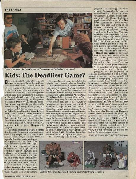 Kids:The deadliest game?(1985),un articulo sensacionalista contra los juegos de rol