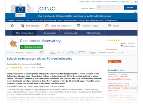LA COMISIÓN EUROPEA PARA LA INTEROPERABILIDAD Y LA REUTILIZACIÓN DE SOLUCIONES PARA LAS ADMINISTRACIONES PÚBLICAS SE INTERESA POR EL PROYECTO EDUCATIVO DE SOFTWARE LIBRE DEL COLEGIO AGUSTINOS DE LEON https://joinup.ec.europa.eu/community/osor/news/school-open-source-reduces-pc-troubleshooting#.VVnqw04f1gU.twitter