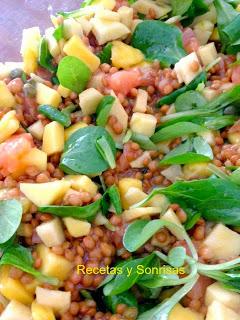 ENSALADA DE LENTEJAS , SALMÓN Y MANGO