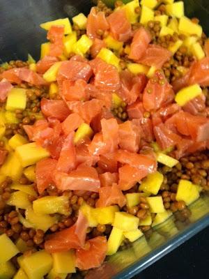 ENSALADA DE LENTEJAS , SALMÓN Y MANGO