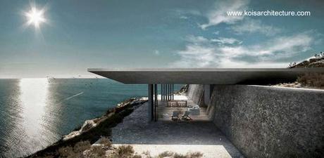 Perfil de una casa contemporánea en Grecia con piscina en el techo