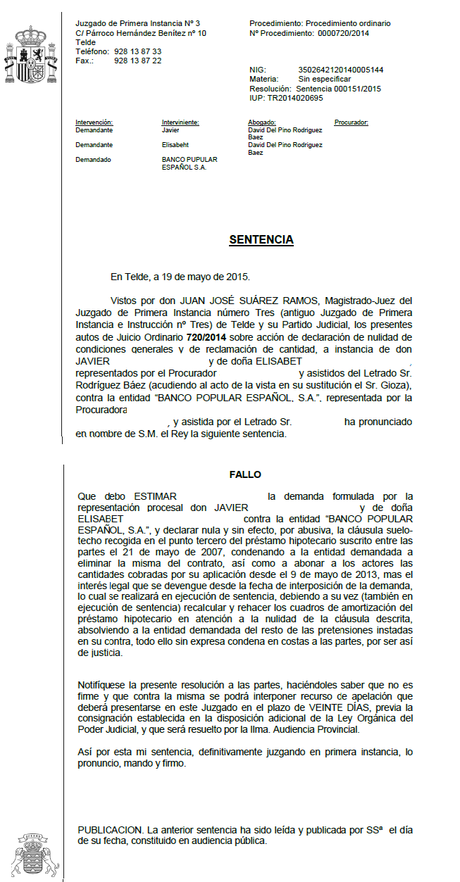 Otra sentencia ganada por nuestros abogados eliminando la cláusula suelo de Banco Popular y recuperando cantidades