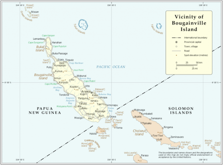 Mapa de la isla de Bougainville, perteneciente a Papúa Nueva Guinea