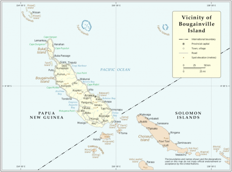 Bougainville, el último campo de batalla del Pacífico Mapa de la isla de Bougainville, perteneciente a Papúa Nueva Guinea
