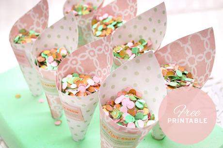 Conos de papel imprimibles para el confetti de tu boda